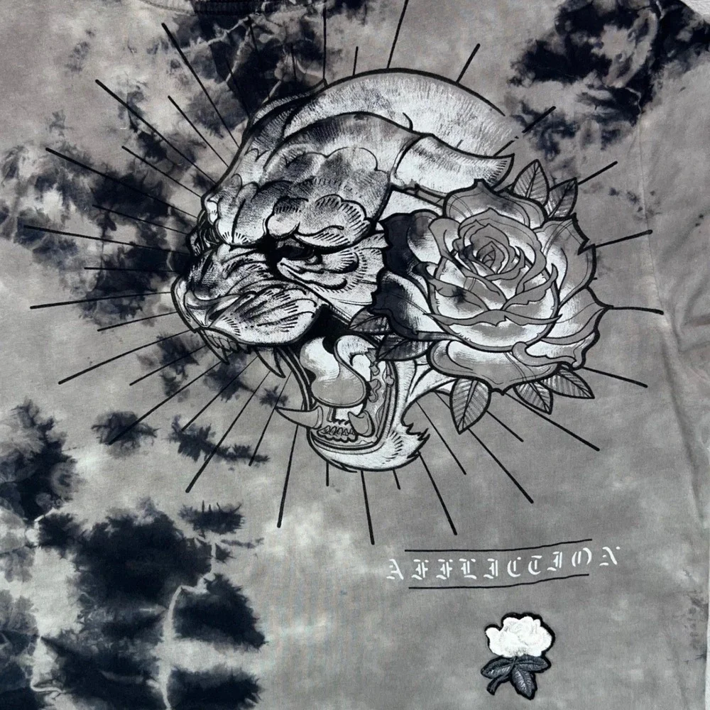 AFFLICTION Graphic T-Shirt Men's XL‎ Gray Tie Dye Panther Rose Y2K Biker MMA USA